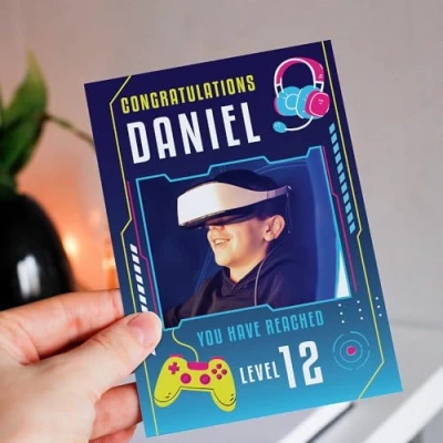 Image of Personalised Photo Upload Gaming Level Up Birthday Greeting Card For Girls, Boys, Kids, Gamers