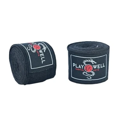 Image of Playwell Boxing, MMA, Muay Thai Stretch Cotton Black Hand Wraps 4 Meter Long