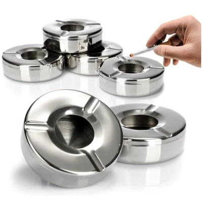 Image of com four® 6x stainless steel ashtrays wind ashtray with removable lid to protect against fly cinder Ø 11 cm (006 pieces steel)