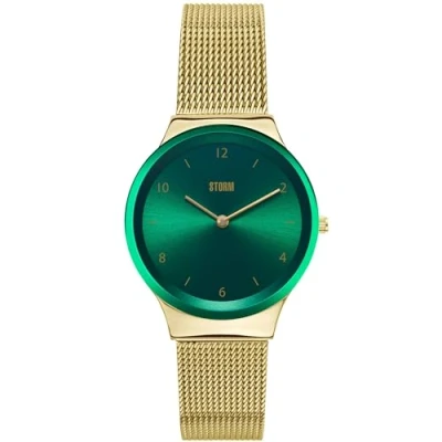 Image of STORM Zadie Gold Green Ladies Watch Lazer Coloured Rim with Numbered Dial at 12 &amp; 6, Slim mesh Band Strap and Edge to Glass