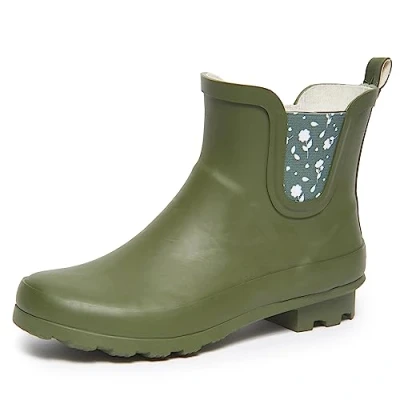 Image of Laura Ashley Ladies Mid Cut Ankle Height Rubber Rain Boots, Lightweight Waterproof Booties for Women, Army Green Petals, 6 UK