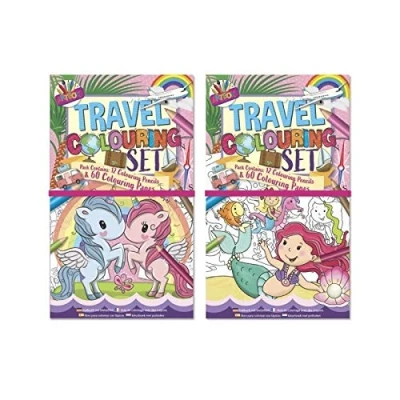 Image of Girls Travel Colouring Set Mermaid/Unicorn, 60 Pages + 12 Pencils X1 for x 1 Random Design Only