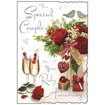 Image of Illustrated Ruby Anniversary Card (JJ9332) Special Couple From The Velvet Range Embossed With A Silver Foil &amp; Flitter Finish