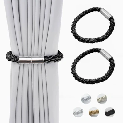 Image of 2 Pcs Curtain Tiebacks, Magnetic Holdbacks Weave Rope Drape Tie for Home Office Window Draperies