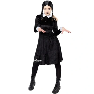 Image of amscan 9917666 Women&#039;s Official Wednesday Addams Halloween Fancy Dress Costume Size: 10 12