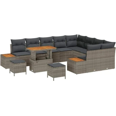 Image of vidaXL 12 Piece Garden Sofa Set with Cushions Grey Poly Rattan Acacia