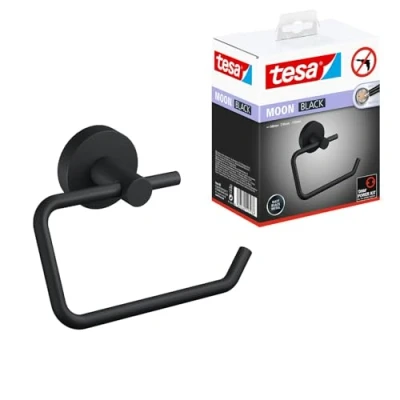 Image of tesa MOON black Toilet Paper Holder, matt Roll holder without lid for industrial style and modern bathrooms drill free, incl. adhesive solution 99 mm x 140 53