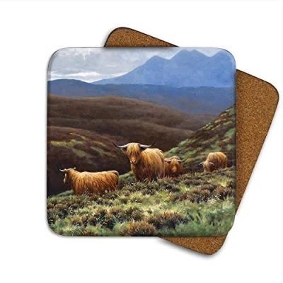 Image of Highland Cattle Drinks Coaster by Wildlife Artist Julian Friers Individual Non Slip, Cork Backed Table
