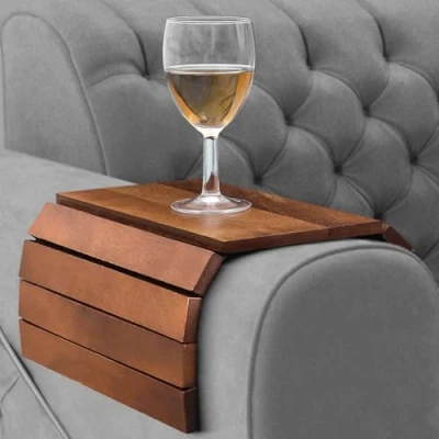 Image of Besto Foldable Sofa Arm Tray Acacia Wooden Armrest 37.5 x 25cm Water &amp; Scratch Resistant Armchair Organiser for Drinks, Remote, Snacks, Phone, Magazine