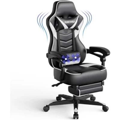 Image of Fullwatt Video Gaming Chair Massage with footrest Office Lumbar Support Swivel Reclining Racing Style Armrest PU Leather High Back Adjustable Task Chair(White)
