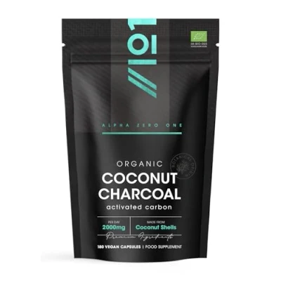 Image of Organic Activated Coconut Charcoal 2000mg 180 Vegan Capsules Bloating &amp; Gas, Digestion Flatulence Natural Relief Resealable and Recyclable Pouch by Alpha01