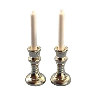 Image of Melody Jane Dolls House Silver Candlesticks &amp; White Candles Dining Ornament Accessory