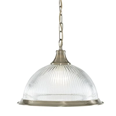 Image of American Diner 1 Light Dome Ceiling Pendant Antique Brass, Ribbed Glass, E27