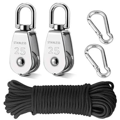 Image of TooTaci Crane Pulley Block Set, 304 Stainless Steel Systems with 20M/6mm Nylon Lifting Rope, 2pcs Carabiner Hooks, 25mm Swivel Wheel, for Indoor Outdoor Project