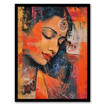 Image of Artery8 Young Indian Woman Portrait Modern Artwork Beauty Living Room Framed Wall Art Print 18X24 Inch