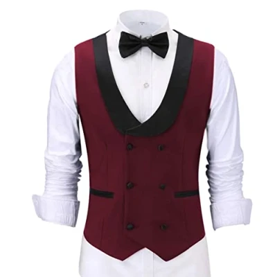 Image of AeoTeokey Men&#039;s Suit Vest Shawl Lapel Double Breasted Slim Fit Tuxedos Waistcoat（L, Burgundy）