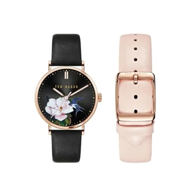 Image of Ted Baker Phylipa Iconic Ladies Box Set Black &amp; Pink Leather Strap Watch (Model: TWG0240009I)