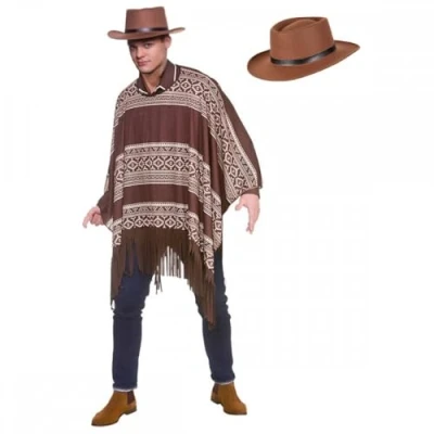 Image of A2ZFD Adult Mens Western Cowboy Poncho Costume + Gunslinger Hat : Wild West Bandit Fancy Dress, Brown, L