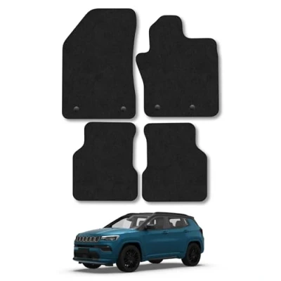 Image of Car Mats Compatible with Jeep Compass (2018+) Tailored Fit Black Carpet Floor Set Accessory Custom 4 Pieces Anti Slip Backing &amp; Binding Trim Edge