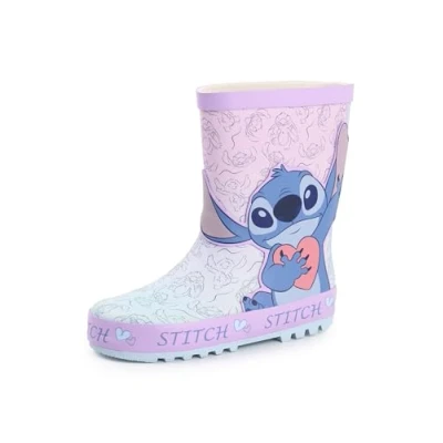 Image of Disney Lilo &amp; Stitch Girls Wellington Boots Kids Wellies with Character All Over Print in Purple Water Resistant Rubber for Children Classic Animation Movie Merchandise Gift