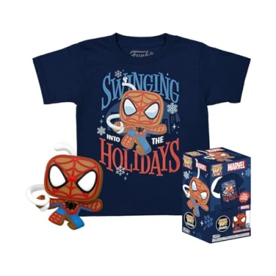 Image of Funko Pocket POP! &amp; Tee: Marvel Spider Man Spidey Gingerbread for Children and Kids Medium T Shirt Clothes With Collectable Vinyl Minifigure Gift Idea Toys Short Sleeve Top