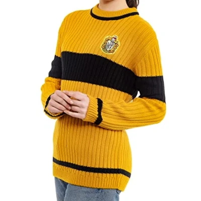 Image of Harry Potter Hufflepuff Quidditch Jumper: Hogwarts House Uniform Replica Rib Stitch Knitted Crew Neck Jumper for Men and Women (XS) Yellow, Black