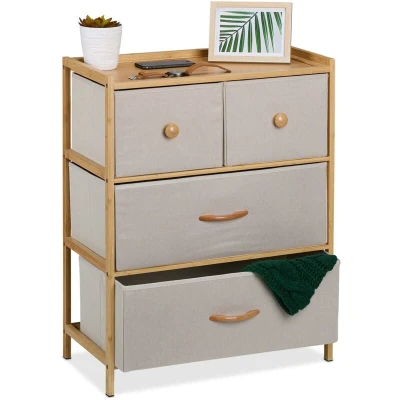 Image of Relaxdays Dresser, Storage Unit, Bamboo, 4 Fabric Drawers in 2 Sizes, Hallway, Bedroom, HWD: 73 x 57.5 30 cm, Beige
