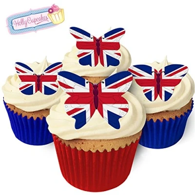Image of 24 Edible Pre Cut Wafer Butterfly Cake Toppers: Union Jack