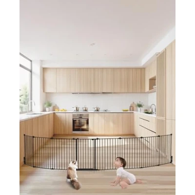 Image of VEVOR Baby Gate, 192 Inches Extra Wide, 28 High 8 Panel Foldable Dog for Child Pet Security, One Hand Open, Install Between Two Walls or As a Fence, Stairs and Doorways, Black