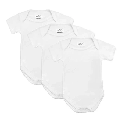 Image of Baby Bodysuits, Vests, Newborn Cotton Short Sleeved Bodysuit, British Made for Boys or Girls, 3 Pack, White,