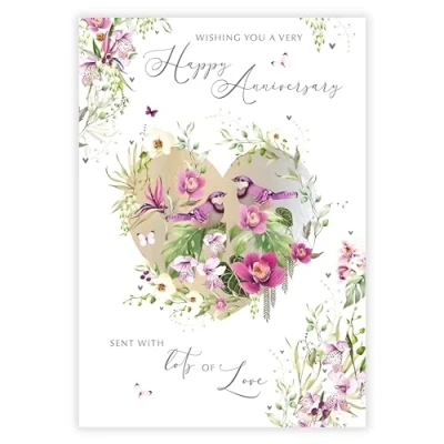 Image of Anniversary Card Orchids, Birds and Love Heart Floral Design Special Finish Illustrated Insert Leaf Made in the UK Eco Friendly