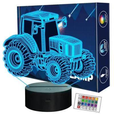 Image of Tractor 3D Illusion Lamp Birthday Gift Night Light Kids Beside Table Lamp, 16 Colors Auto Changing Touch Switch Desk Decoration Lamps for Boy Men