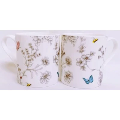 Image of Secret Garden Mugs Set 2 Fine Bone China Balmoral Cups Flowers Butterflies Bees Hand Decorated in UK