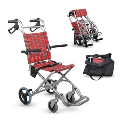 Image of Mobiclinic®, Neptuno, Wheelchair, Folding Transport Wheelchair for Adults, Ergonomic Seat and Backrest, Footrest Armrests, Travel Safety Belt, Lightweight, Aluminium, Red Plaid