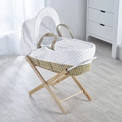 Image of Kinder Valley White Dimple Palm Moses Basket with Natural Folding Stand, Adjustable Hood, Fibre Mattress &amp; Padded Liner