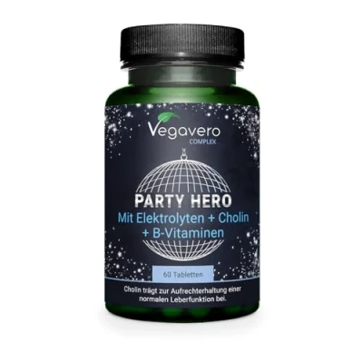 Image of Vegavero Party Hero Natural Hangover Supplement 60 Tablets Electrolyte and Vitamin Rebound Choline Bitartrate Liver Protection* Vegan