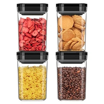 Image of MR.SIGA 4 Pack Airtight Food Storage Container Set, BPA Free Kitchen Pantry Organization Canisters with One handed Leak Proof Lids, 1L / 33.8oz, Medium, Black