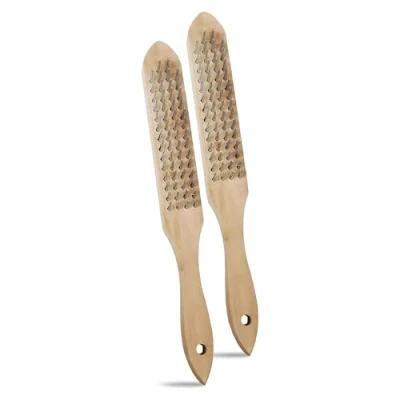 Image of G4GADGET Wooden Wire Brush Set of 2 4 Row Steel Bristles for Rust Removal, Paint Cleaning, and Surface Pre Treatment Ideal Metal, Wood, Stone &amp; More