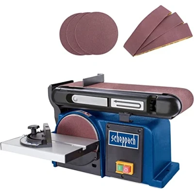 Image of Scheppach 370W Bench Belt Sander, 0 45 Tilt Range, 150mm Sanding Disc Diameter, Incl. 3 x Sandpaper and Belt, 1.5m Cable Length, 230V 2 Year Warranty