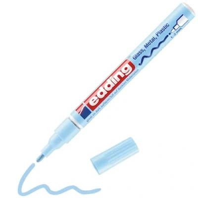 Image of edding 751 gloss paint marker pastel blue 1 round nib 2 mm pen for glass, pebbles, wood, plastic, paper waterproof, high coverage