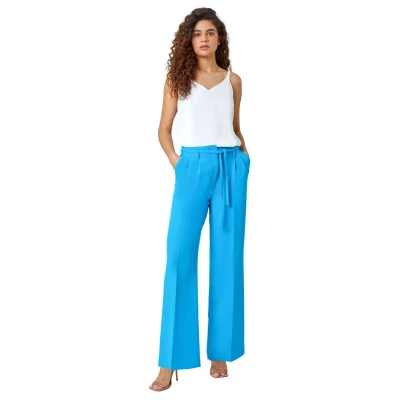 Image of Roman Originals Crepe Stretch Straight Leg Trousers for Women UK Ladies Everyday Holiday Spring Summer Comfy Soft Evening Vacation Work Party Turquoise Size 12