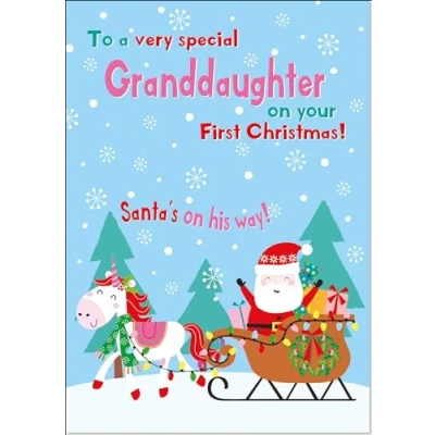 Image of doodlecards Granddaughters 1st First Christmas Card Magic Santas Sleigh with Unicorn Medium Size for Plain Envelope
