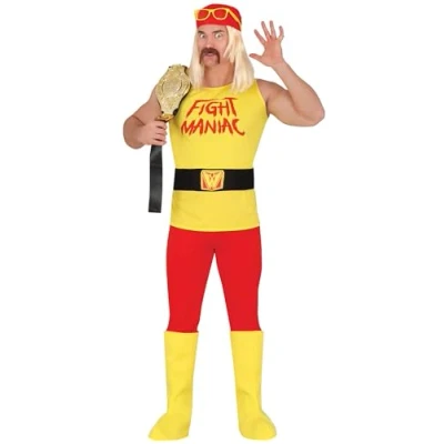 Image of FIESTAS GUIRCA Fight Maniac Mens Fancy Dress Costume Red &amp; Yellow Champion Wrestler Men Size L 42 44
