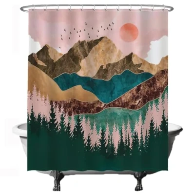Image of Ulticool Shower Curtain Natural Sun Mountains Bohemian 180 x 200 cm Washable Waterproof with 12 Rings