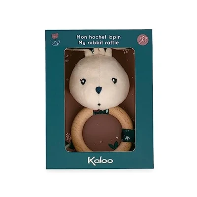 Image of Kaloo K&#039;doux Baby Rattle FSC Wood Ring Rabbit Plush with Bell Promotes Development Stimulates The Senses Nature Themed Pattern 0 Months +, K216000