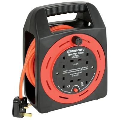 Image of Netagon 4 Gang Way Power Outlet UK Plug Squared Cassette 25M Long Extension Reel Cord Lead with Integrated Carry Handle and Overload Protection