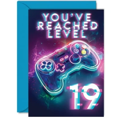 Image of 19th Gamer Birthday Cards for Men Women You&#039;ve Reached Level 19 Happy Card Son Daughter Brother Sister Friend, 5x7 Inch Nineteen Nineteenth Bday Video Game Greeting