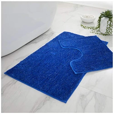 Image of GC GAVENO CAVAILIA Super Soft 2 Piece Shiny Sparkling Bath Mat Anti Slip Pedestal Set, Extra Comfort Water Absorbent Bathroom Toilet Rug, Regular (50x80, 50x40 cm), Royal Blue