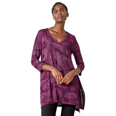 Image of Roman Textured Leaf Print Stretch Top for Women UK Ladies Autumn Everyday Winter Holiday V Neckline Comfy 3/4 Sleeve Soft Hanky Hemline Blouse Daywear Shirts Magenta Size 10