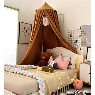 Image of Premewish Baby Children Bed Canopy, Round Dome Cotton Mosquito Net Reading Room Decorations Nursery for Castle Hanging House Nook (Brown)